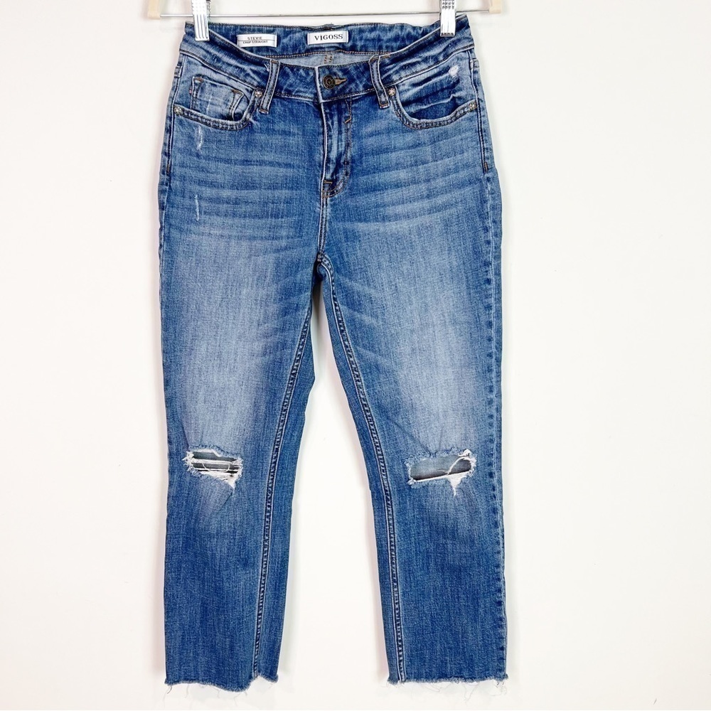 VIGOSS STEVIE CROP STRAIGHT RAW HEM 9” INSEAM DISTRESSED JEANS WOMENS SZ 26